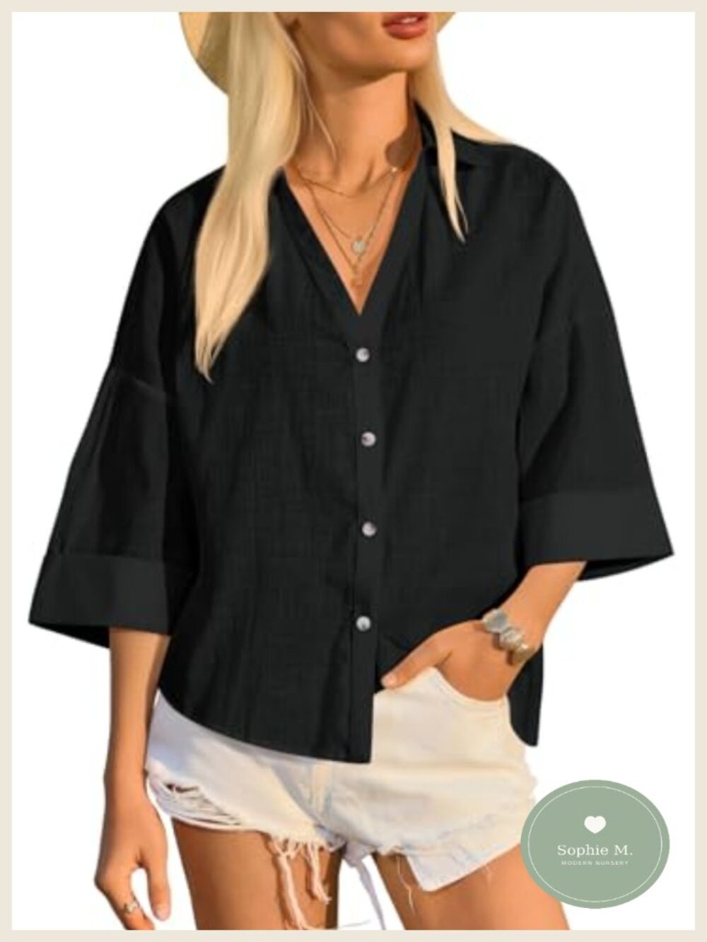 Women's 3/4 Sleeve V Neck Button Down Shirt Striped Cotton Blend